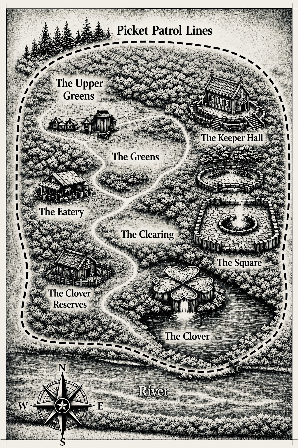 Map of the Leprechaun Legends Valley showing the Greens, Keeper Hall, Eatery, Clearing, Square, Clover Reserves, Clover, river and Picket patrol lines